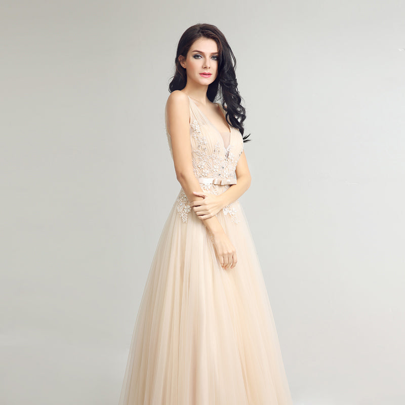 Elegant Sleeveless V - Neck Champagne Tulle Gown with Embroidered Bodice Prom Dress,LX242