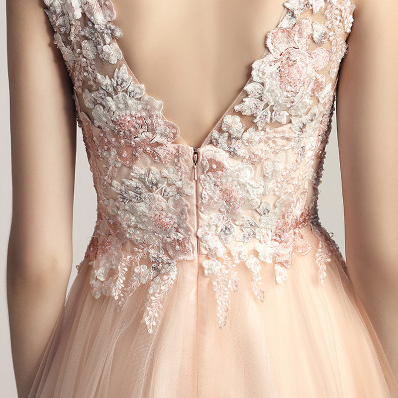 Enchanting Turquoise Sleeveless V - Neck Gown with Embroidered Bodice and Tulle Prom Dress,LX455