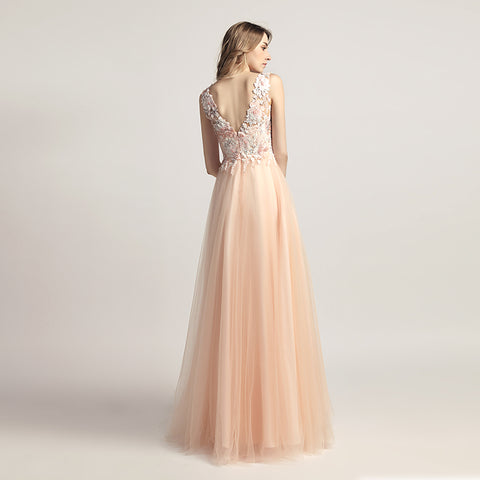 Enchanting Turquoise Sleeveless V - Neck Gown with Embroidered Bodice and Tulle Prom Dress,LX455