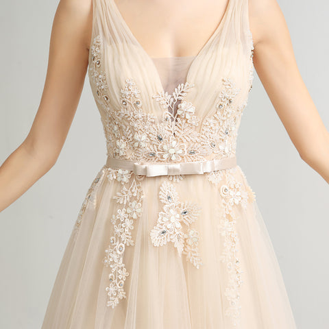 Elegant Sleeveless V - Neck Champagne Tulle Gown with Embroidered Bodice Prom Dress,LX242