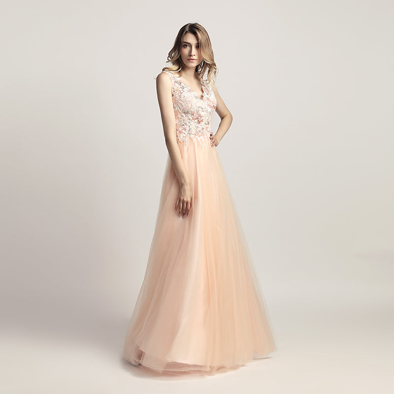 Enchanting Turquoise Sleeveless V - Neck Gown with Embroidered Bodice and Tulle Prom Dress,LX455