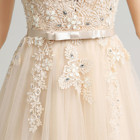 Elegant Sleeveless V - Neck Champagne Tulle Gown with Embroidered Bodice Prom Dress,LX242