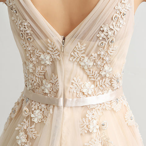 Elegant Sleeveless V - Neck Champagne Tulle Gown with Embroidered Bodice Prom Dress,LX242