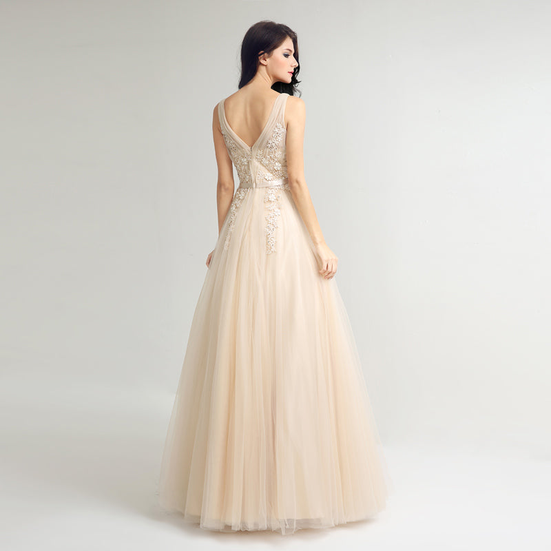 Elegant Sleeveless V - Neck Champagne Tulle Gown with Embroidered Bodice Prom Dress,LX242