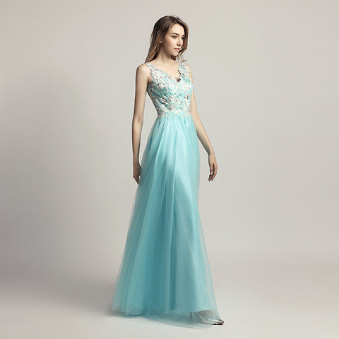 Enchanting Turquoise Sleeveless V - Neck Gown with Embroidered Bodice and Tulle Prom Dress,LX455