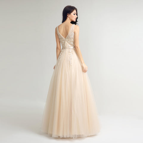 Elegant Sleeveless V - Neck Champagne Tulle Gown with Embroidered Bodice Prom Dress,LX242