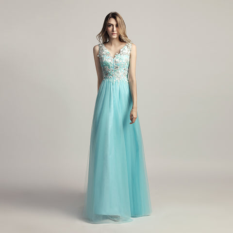 Enchanting Turquoise Sleeveless V - Neck Gown with Embroidered Bodice and Tulle Prom Dress,LX455