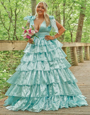Fairy Ball Gown V Neck Pink Tiered Organza Long Prom Dress