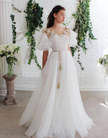 Strapless Ball Gown Wedding Dress with Embroidered Flowers
