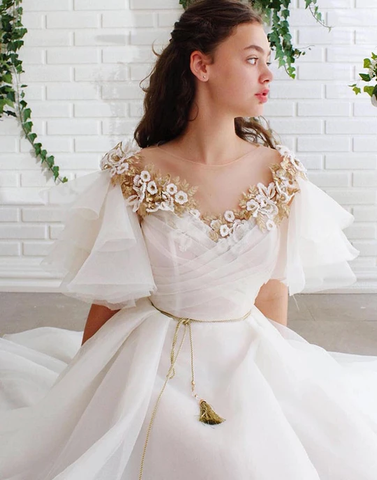 Strapless Ball Gown Wedding Dress with Embroidered Flowers