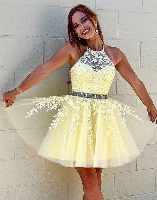 Yellow tulle lace short Knee Length prom dresses,yellow homecoming dresses