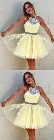 Yellow tulle lace short Knee Length prom dresses,yellow homecoming dresses