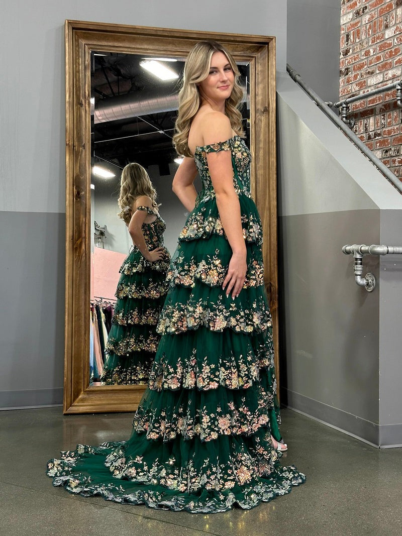 A-Line  Off-the-Shoulder Tiered Long Lace Prom Dress with Slit