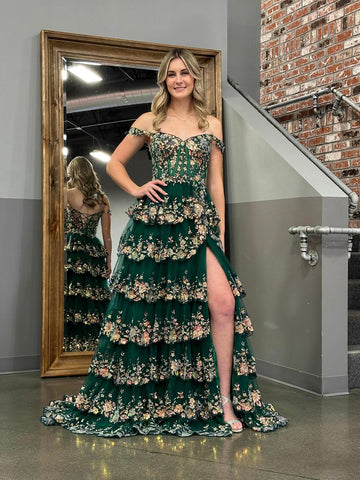 A-Line  Off-the-Shoulder Tiered Long Lace Prom Dress with Slit