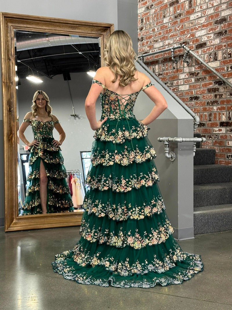 A-Line  Off-the-Shoulder Tiered Long Lace Prom Dress with Slit