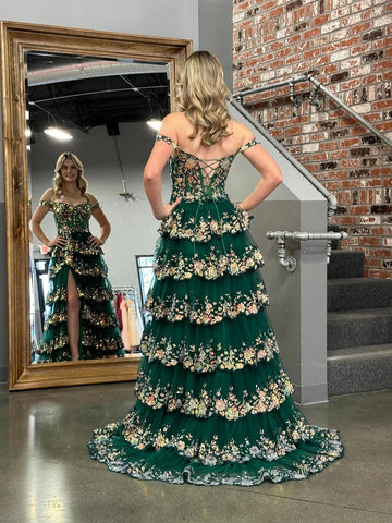A-Line  Off-the-Shoulder Tiered Long Lace Prom Dress with Slit