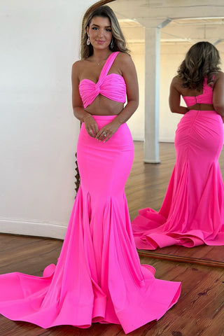 Charming One Shoulder Mermaid Pink Pleated Prom Dresses with Slit