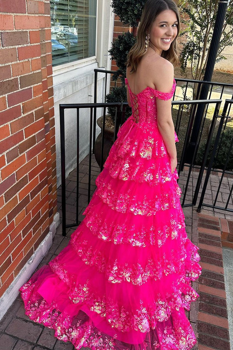 Off the Shoulder Princess Sequined Lace Prom Dresses