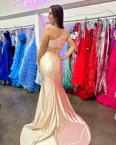 Mermaid One Shoulder Champagne Silk Satin Long Prom Dresses