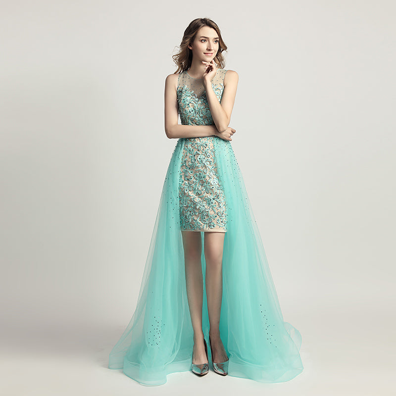 Enchanting Mint Green Embroidered Sheath Gown with Detachable Tulle Overlay Prom Dress,LX441