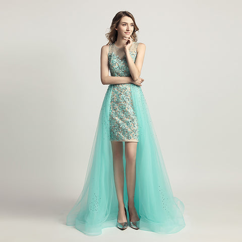 Enchanting Mint Green Embroidered Sheath Gown with Detachable Tulle Overlay Prom Dress,LX441