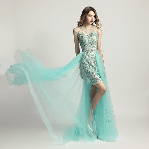 Enchanting Mint Green Embroidered Sheath Gown with Detachable Tulle Overlay Prom Dress,LX441