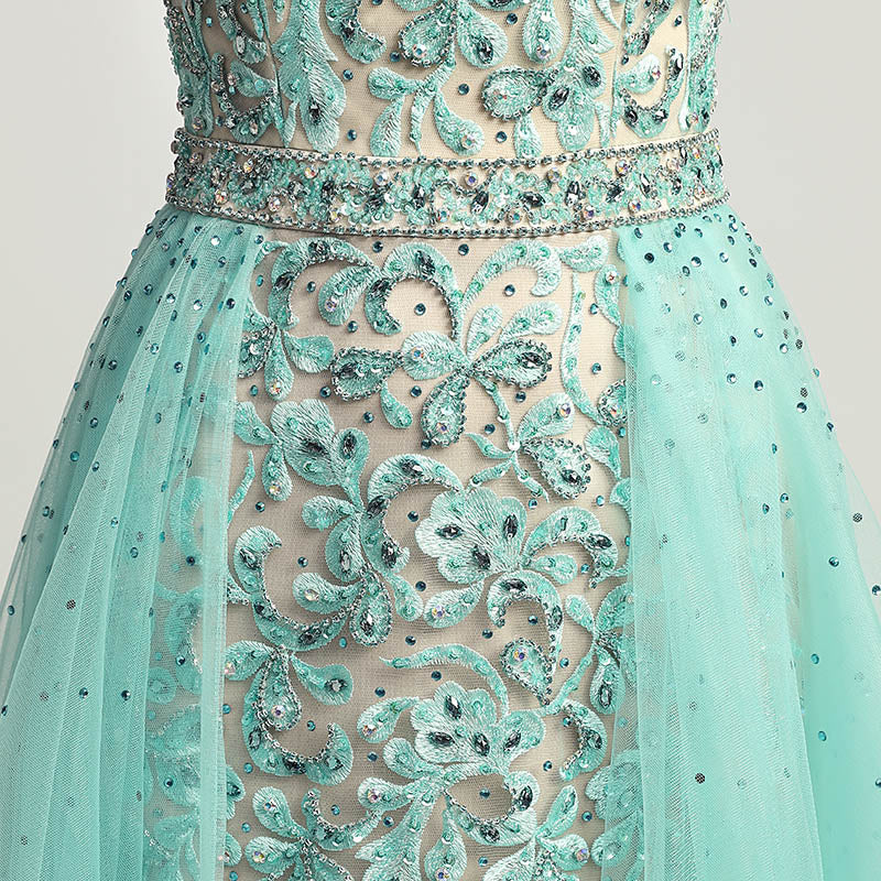 Enchanting Mint Green Embroidered Sheath Gown with Detachable Tulle Overlay Prom Dress,LX441