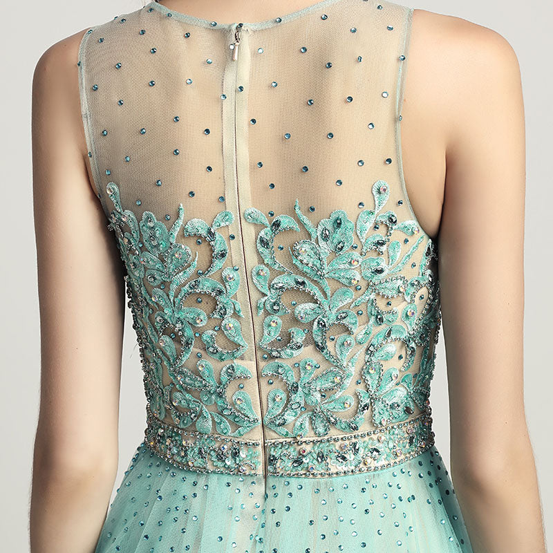 Enchanting Mint Green Embroidered Sheath Gown with Detachable Tulle Overlay Prom Dress,LX441