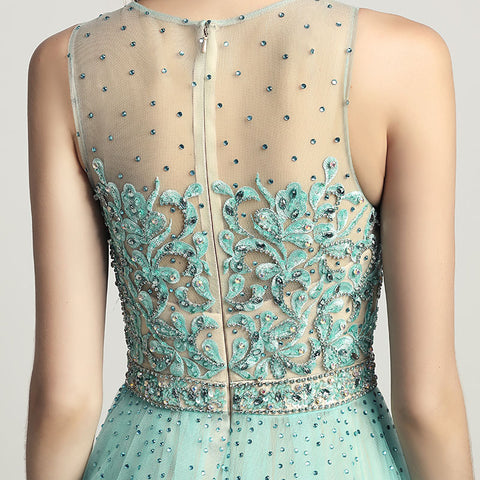 Enchanting Mint Green Embroidered Sheath Gown with Detachable Tulle Overlay Prom Dress,LX441