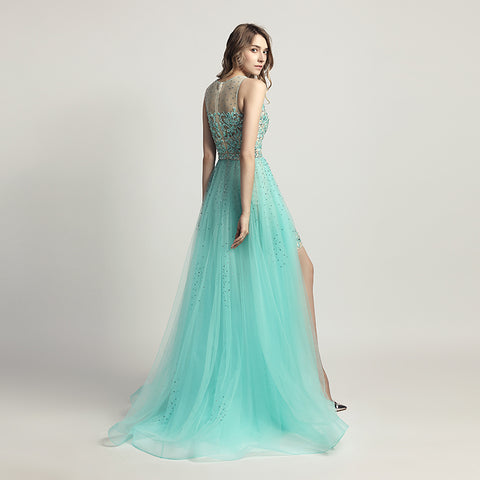 Enchanting Mint Green Embroidered Sheath Gown with Detachable Tulle Overlay Prom Dress,LX441