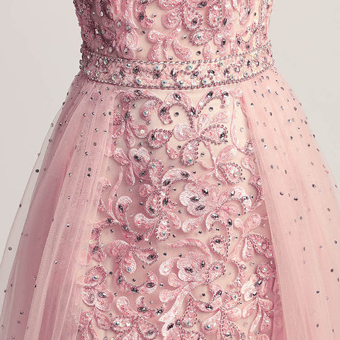 Enchanting Mint Green Embroidered Sheath Gown with Detachable Tulle Overlay Prom Dress,LX441