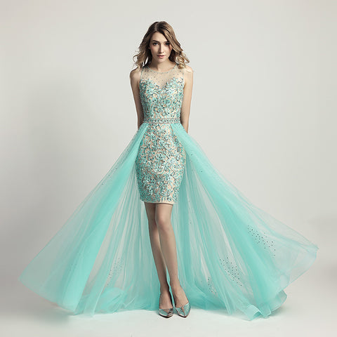 Enchanting Mint Green Embroidered Sheath Gown with Detachable Tulle Overlay Prom Dress,LX441