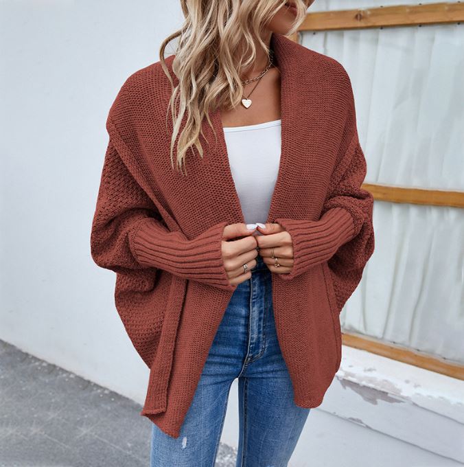 Autumn and Winter New Women's Solid Color Bat Sleeve Cardigan Coat