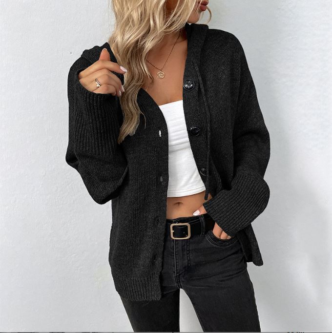 Solid color hooded single breasted autumn and winter drawstring knit sweater jacket