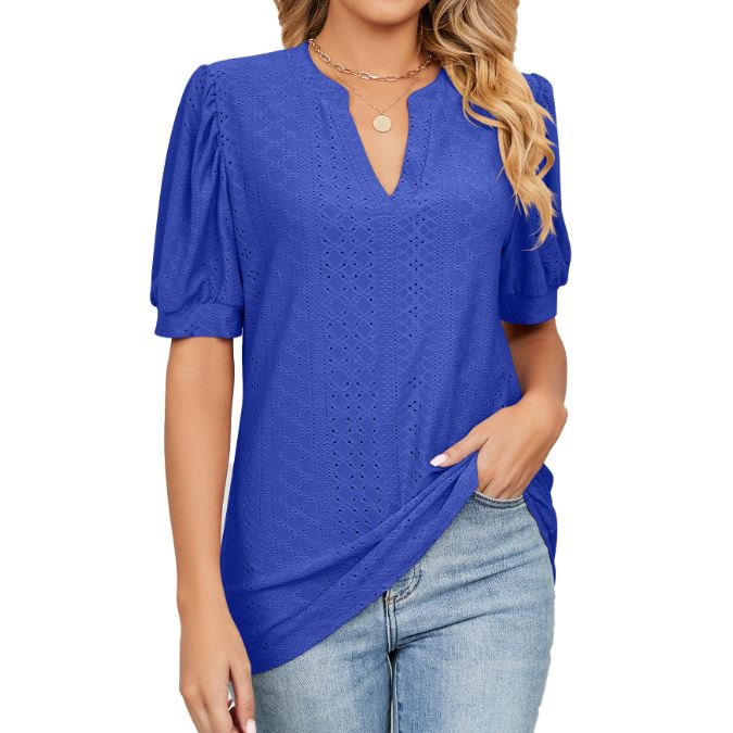 Summer casual V-neck solid color hollow bubble sleeve loose T-shirt