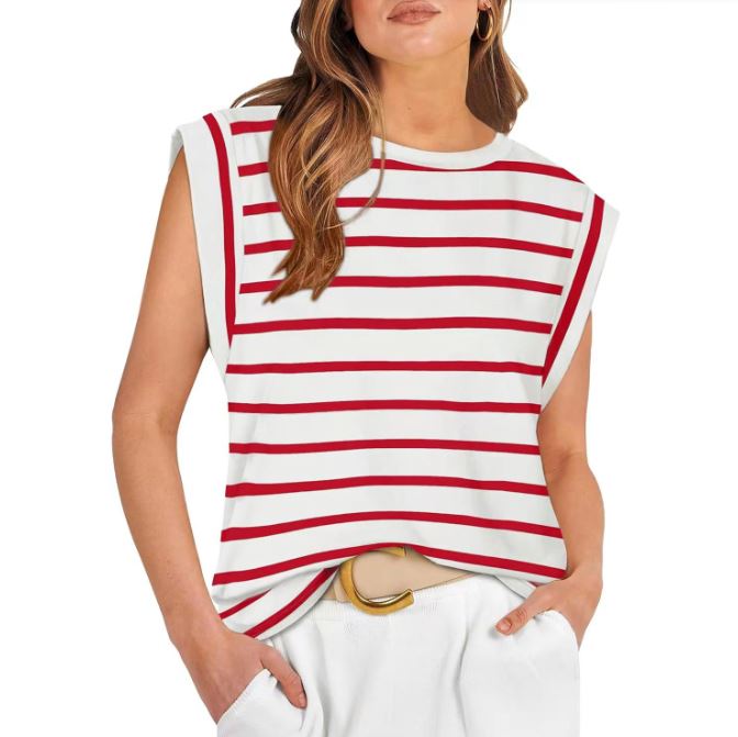 Spring and summer round neck loose short sleeved striped women's vest