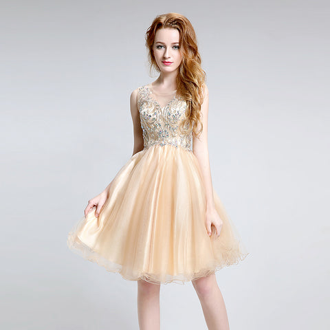 Glamorous Sleeveless Gold Short Tulle Dress with Embellished Bodice - Prom Dress, LX142