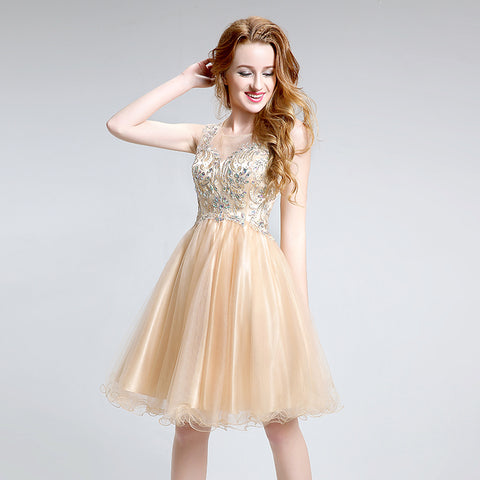 Glamorous Sleeveless Gold Short Tulle Dress with Embellished Bodice - Prom Dress, LX142