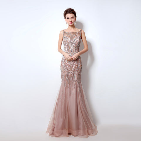 Elegant Sleeveless Beaded Mermaid Evening Gown - Shimmering Tulle & Intricate Embellishments Prom Dress，LX029