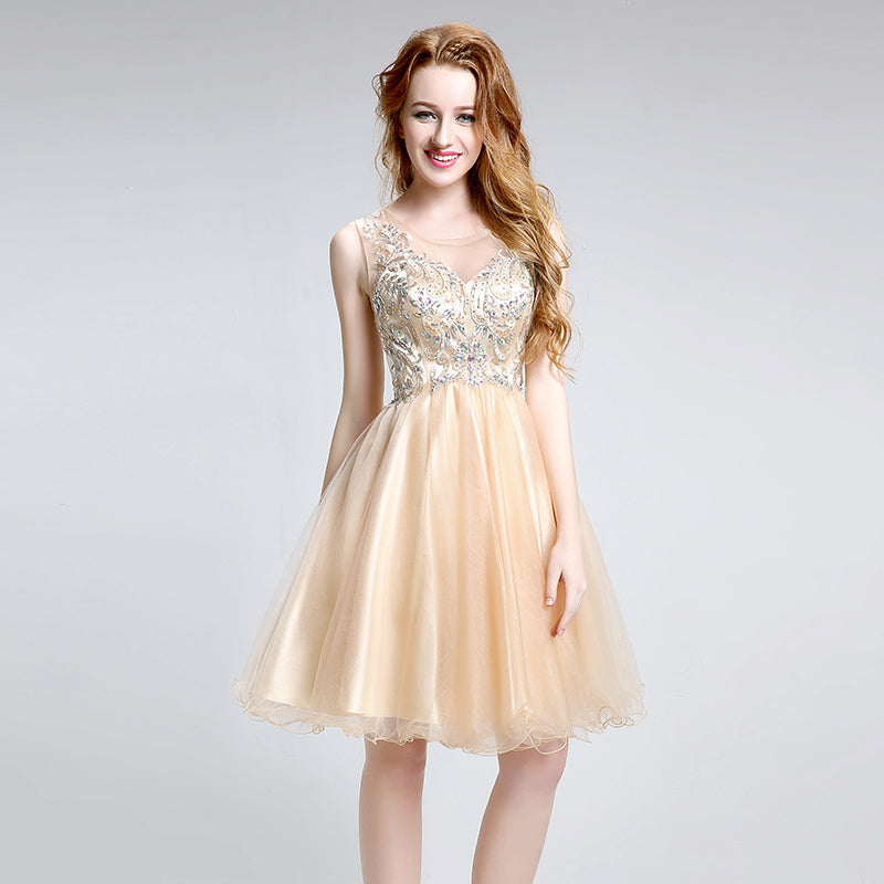 Glamorous Sleeveless Gold Short Tulle Dress with Embellished Bodice - Prom Dress, LX142