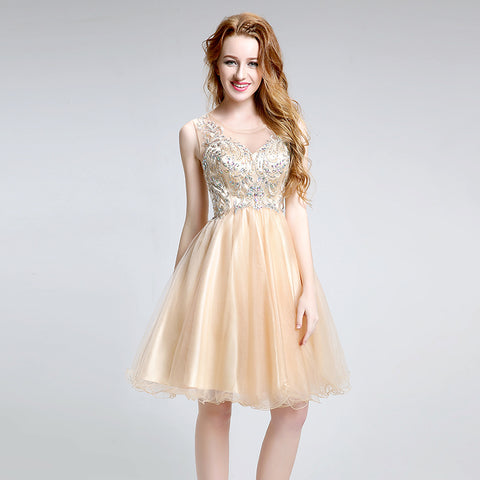 Glamorous Sleeveless Gold Short Tulle Dress with Embellished Bodice - Prom Dress, LX142