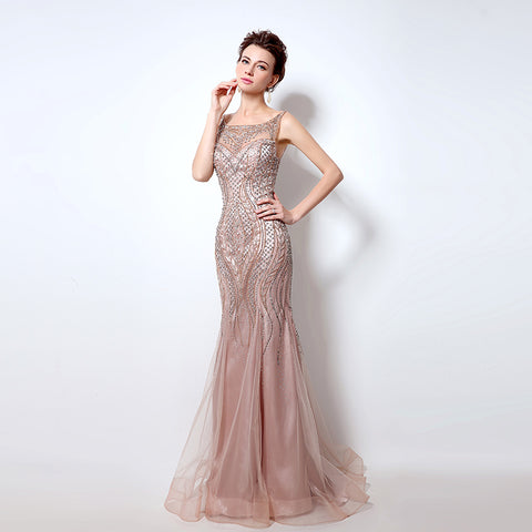 Elegant Sleeveless Beaded Mermaid Evening Gown - Shimmering Tulle & Intricate Embellishments Prom Dress，LX029