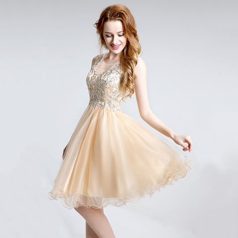 Glamorous Sleeveless Gold Short Tulle Dress with Embellished Bodice - Prom Dress, LX142