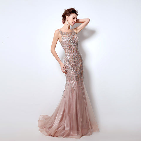 Elegant Sleeveless Beaded Mermaid Evening Gown - Shimmering Tulle & Intricate Embellishments Prom Dress，LX029
