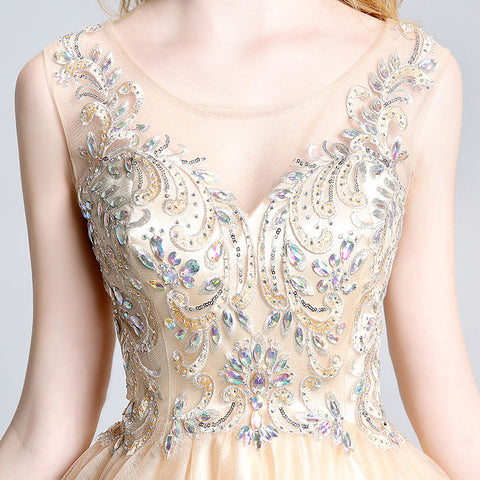 Glamorous Sleeveless Gold Short Tulle Dress with Embellished Bodice - Prom Dress, LX142