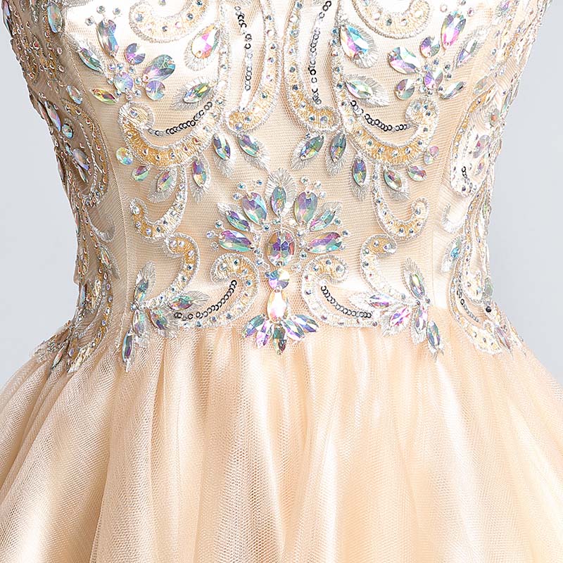 Glamorous Sleeveless Gold Short Tulle Dress with Embellished Bodice - Prom Dress, LX142