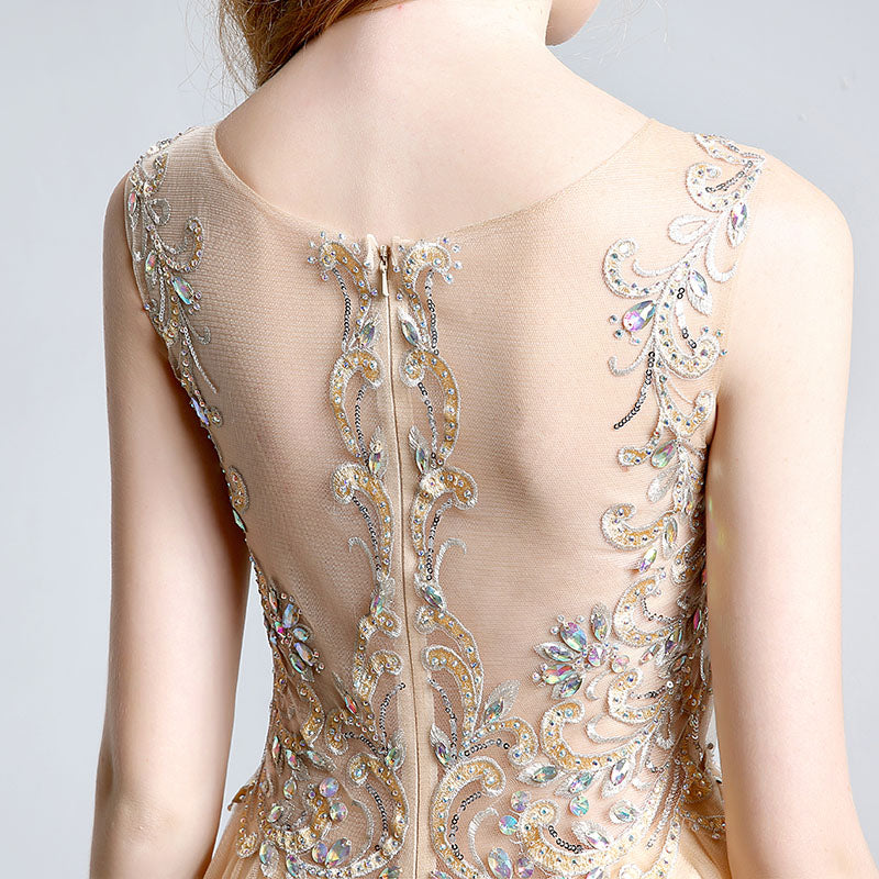 Glamorous Sleeveless Gold Short Tulle Dress with Embellished Bodice - Prom Dress, LX142