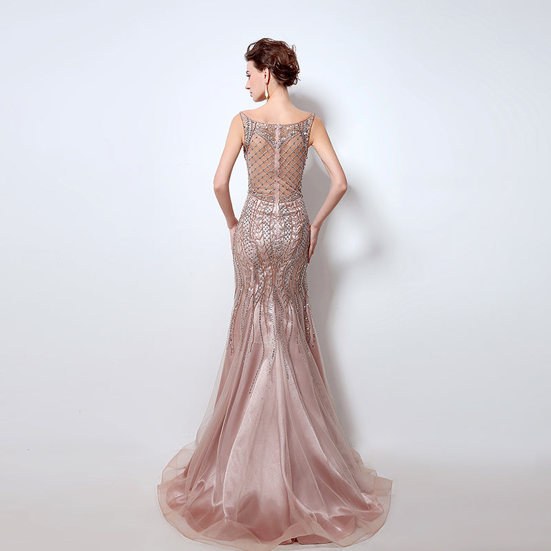 Elegant Sleeveless Beaded Mermaid Evening Gown - Shimmering Tulle & Intricate Embellishments Prom Dress，LX029
