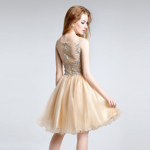 Glamorous Sleeveless Gold Short Tulle Dress with Embellished Bodice - Prom Dress, LX142