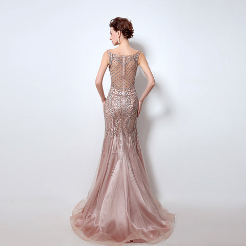 Elegant Sleeveless Beaded Mermaid Evening Gown - Shimmering Tulle & Intricate Embellishments Prom Dress，LX029